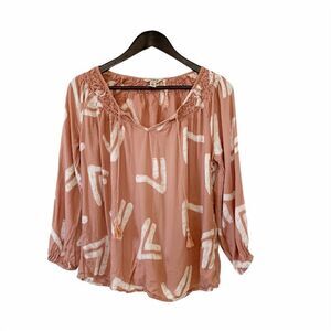 Lucky Brand Blush‎ Pink White Print V Neck Blouse
